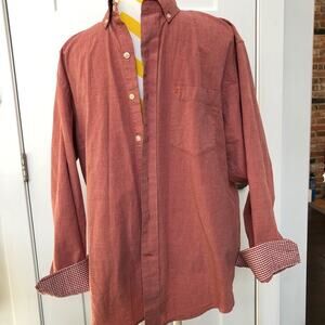 Izod Flip Cuff Button Down Shirt Men Medium Rust Red Checked Sleeves Casual